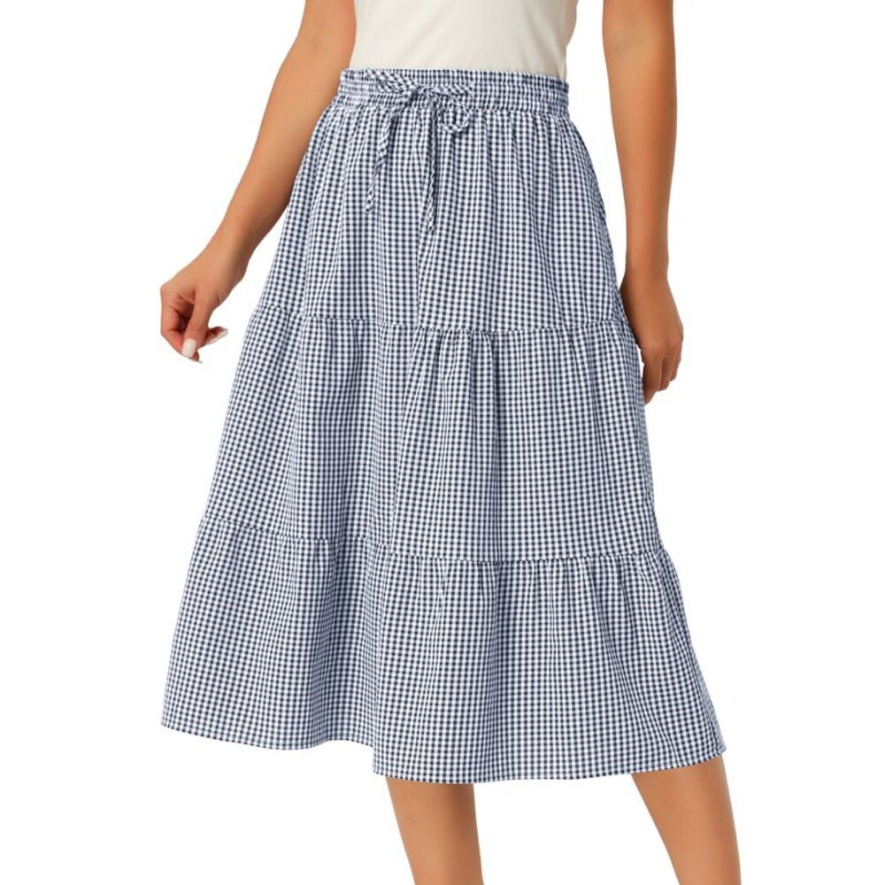 Women's Gingham Skirt Summer Casual Tiered Plaid A-Line Midi Skirts Navy Blue